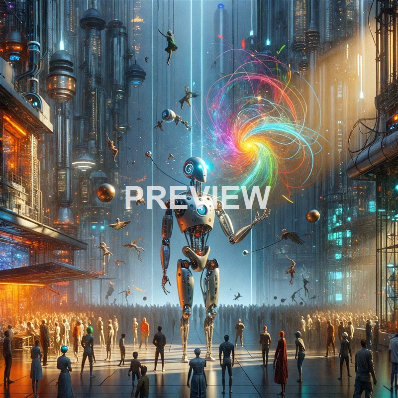 A large humanoid robot standing in a busy futuristic city with a crowd of people around it, while colorful light swirls and people are floating or flying in the air amidst tall, illuminated skyscrapers.